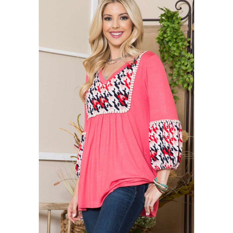 Celeste Full Size Houndstooth Front Yoke Balloon Sleeve Top Apparel and Accessories