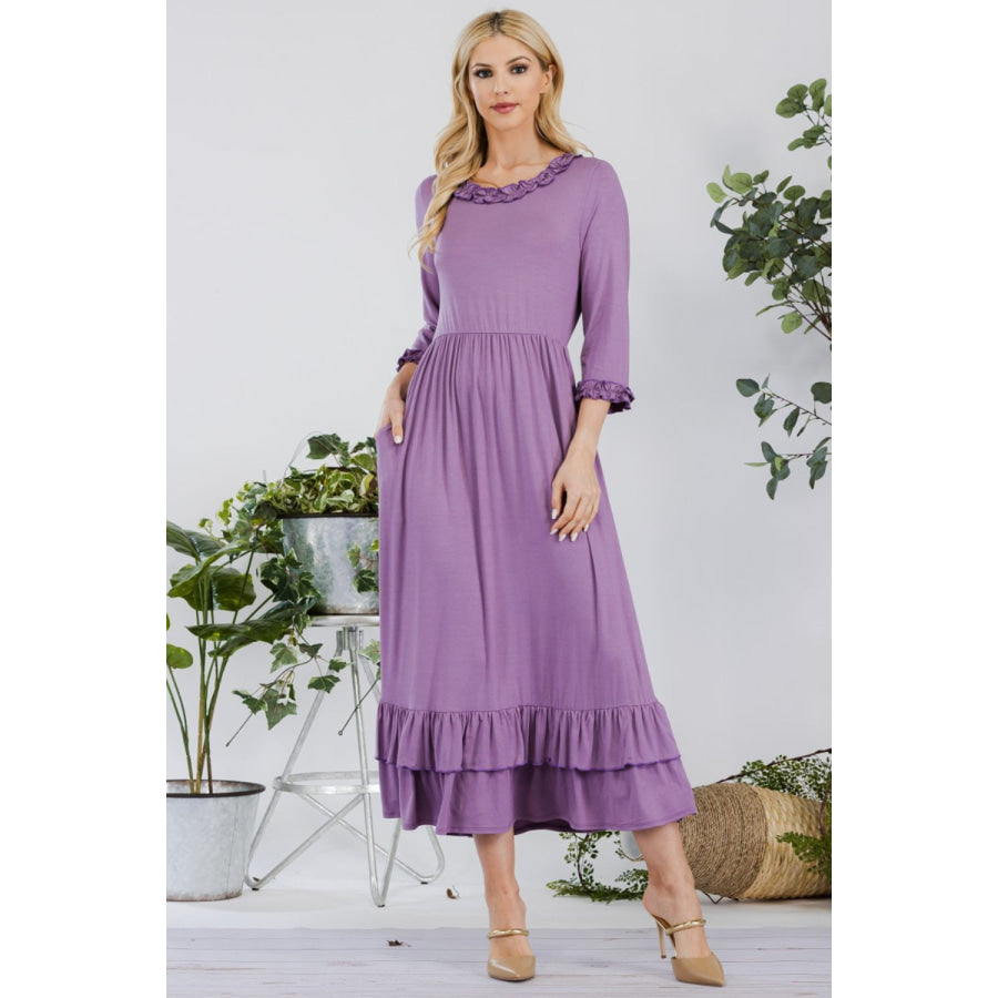 Celeste Full Size Layered Ruffle Hem Dress with Pockets Apparel and Accessories