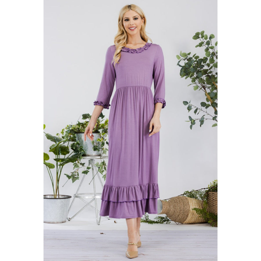 Celeste Full Size Layered Ruffle Hem Dress with Pockets Lilac / S Apparel and Accessories