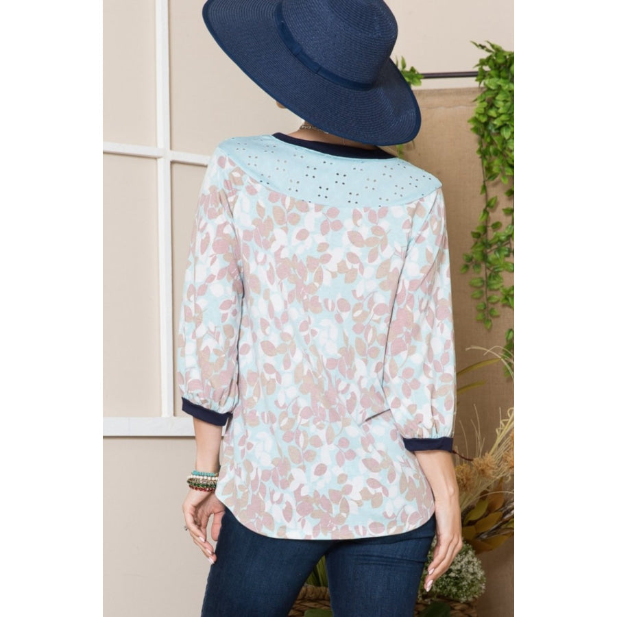 Celeste Full Size Leaf Print Contrast Trim Balloon Sleeve Top Mint/Taupe / S Apparel and Accessories