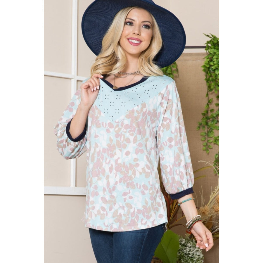 Celeste Full Size Leaf Print Contrast Trim Balloon Sleeve Top Apparel and Accessories