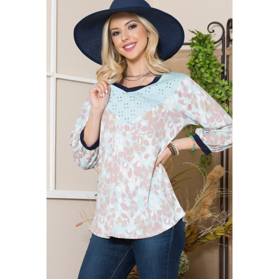 Celeste Full Size Leaf Print Contrast Trim Balloon Sleeve Top Apparel and Accessories