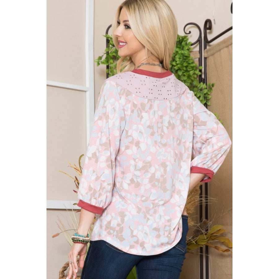 Celeste Full Size Leaf Print Contrast Trim Balloon Sleeve Top Pink/Taupe / S Apparel and Accessories