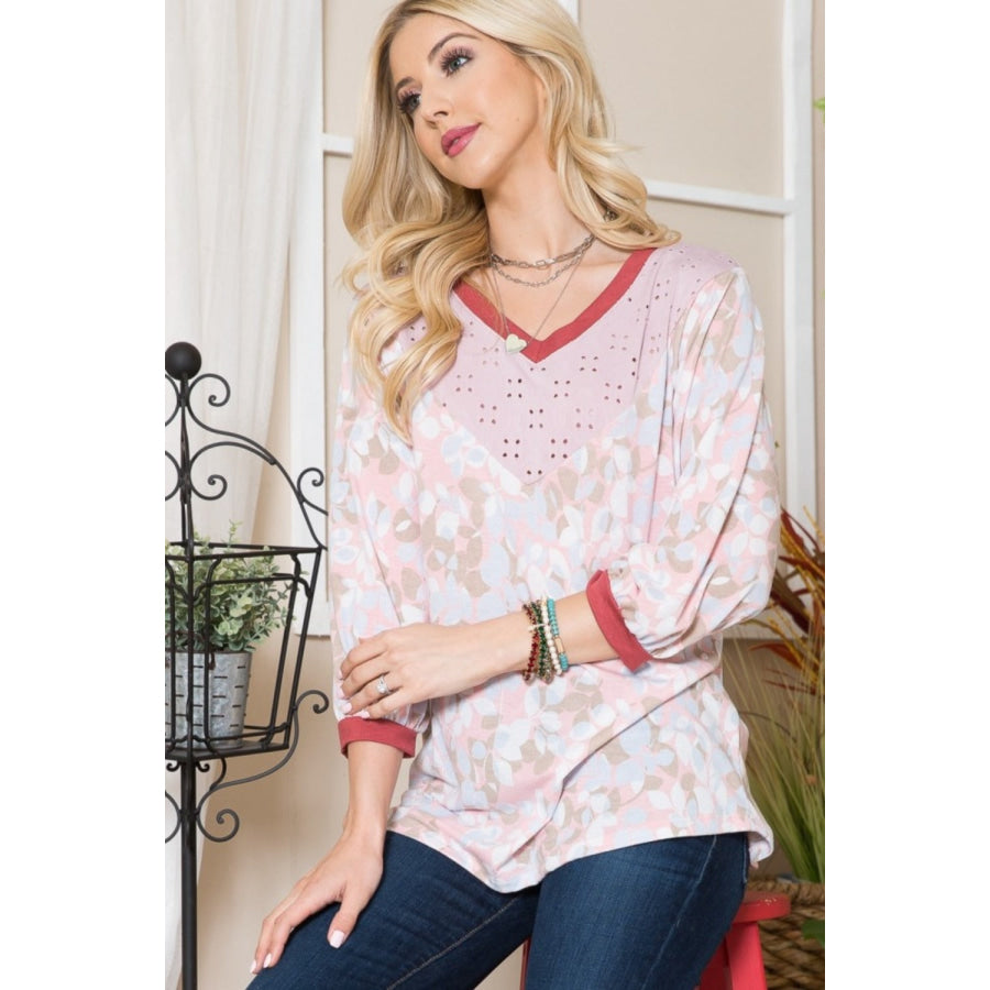 Celeste Full Size Leaf Print Contrast Trim Balloon Sleeve Top Apparel and Accessories