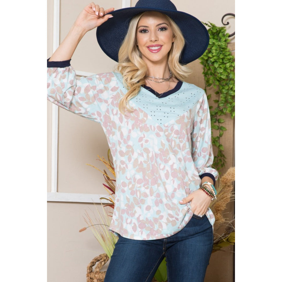 Celeste Full Size Leaf Print Contrast Trim Balloon Sleeve Top Mint/Taupe / S Apparel and Accessories