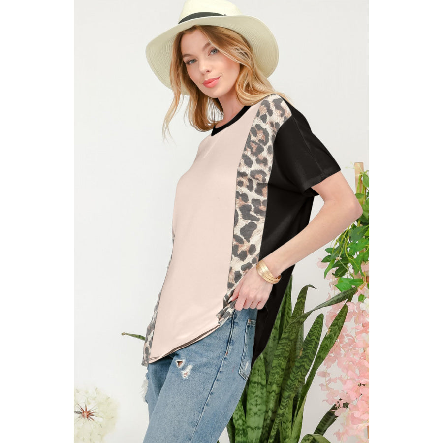 Celeste Full Size Leopard Color Block T - Shirt Apparel and Accessories