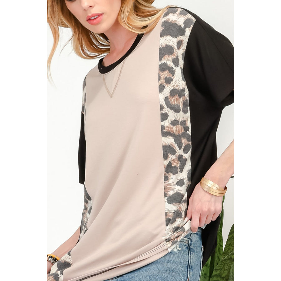 Celeste Full Size Leopard Color Block T - Shirt Apparel and Accessories