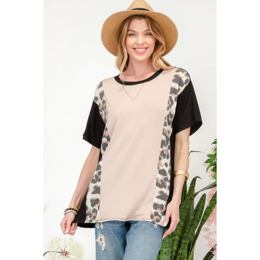 Celeste Full Size Leopard Color Block T - Shirt Black / S Apparel and Accessories