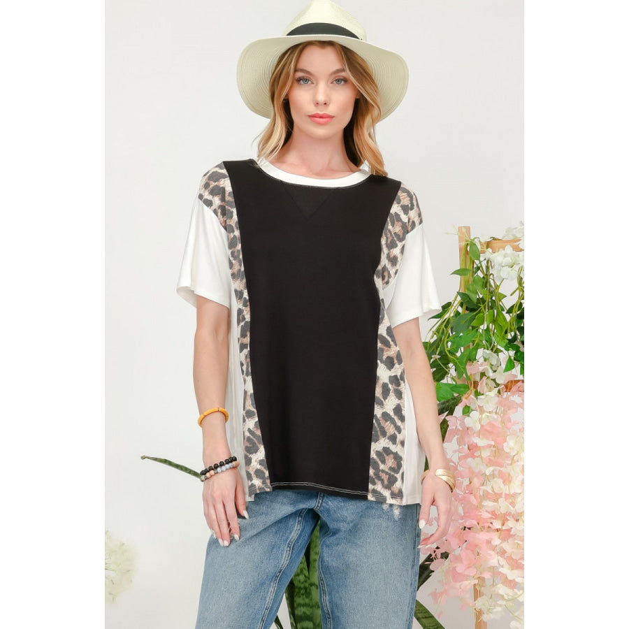 Celeste Full Size Leopard Color Block T - Shirt Ivory / S Apparel and Accessories