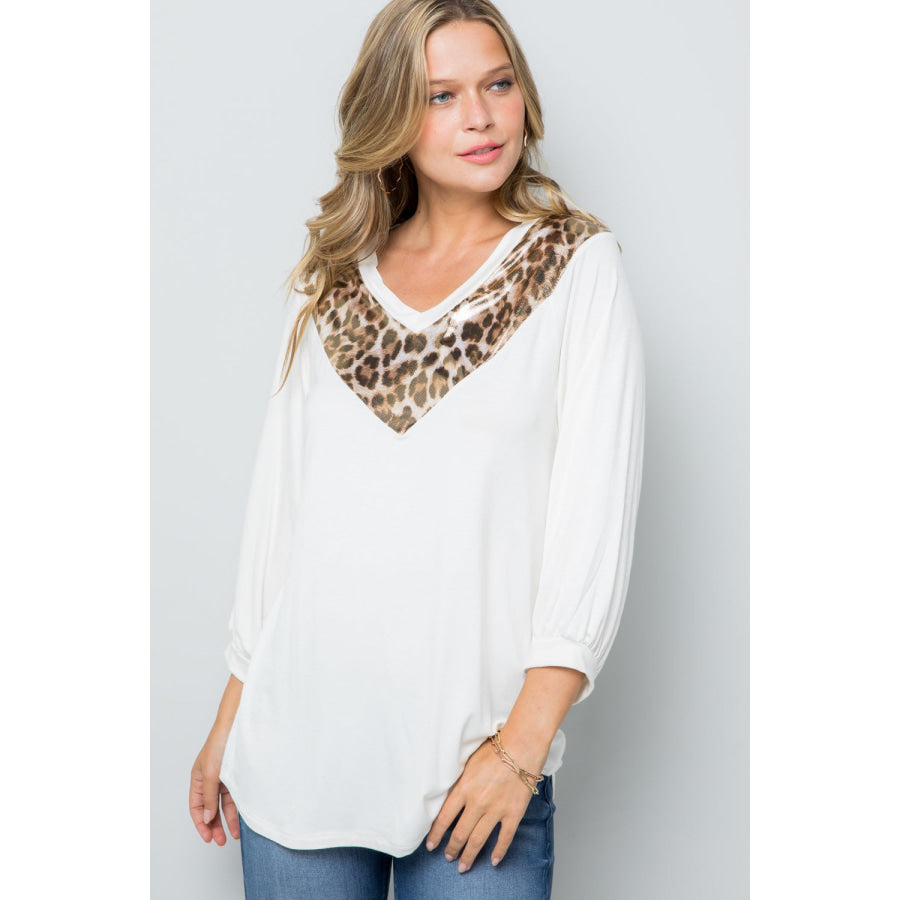 Celeste Full Size Leopard Contrast Balloon Sleeve Top Apparel and Accessories