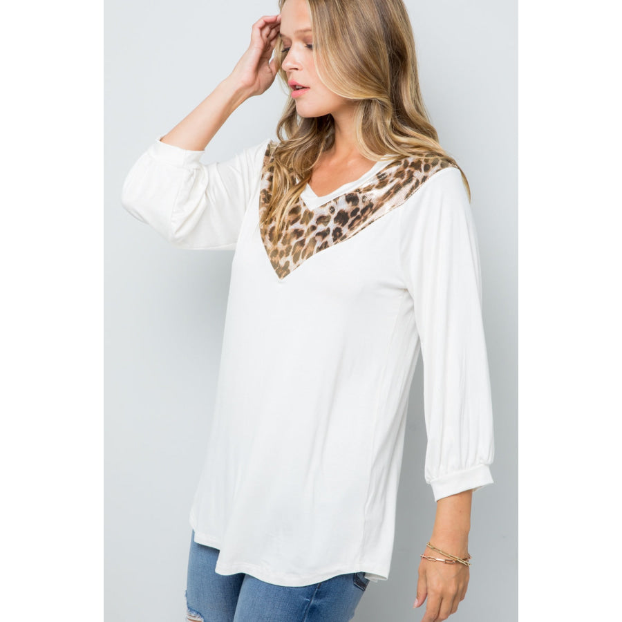 Celeste Full Size Leopard Contrast Balloon Sleeve Top Apparel and Accessories