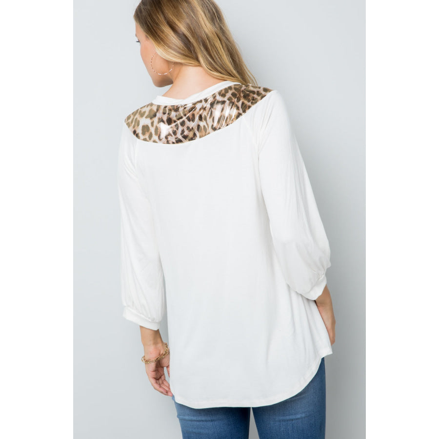 Celeste Full Size Leopard Contrast Balloon Sleeve Top Apparel and Accessories