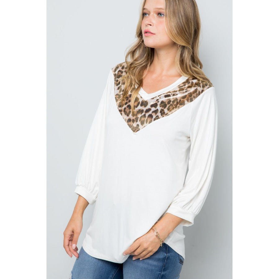 Celeste Full Size Leopard Contrast Balloon Sleeve Top Apparel and Accessories