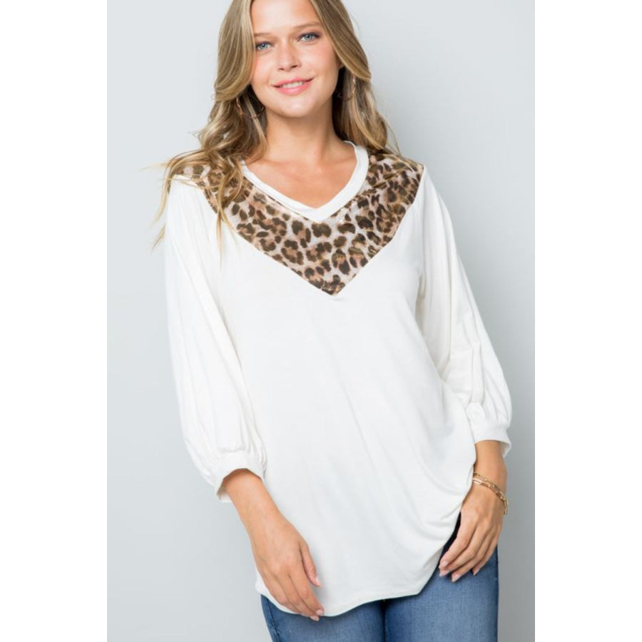 Celeste Full Size Leopard Contrast Balloon Sleeve Top Ivory/Gold / S Apparel and Accessories