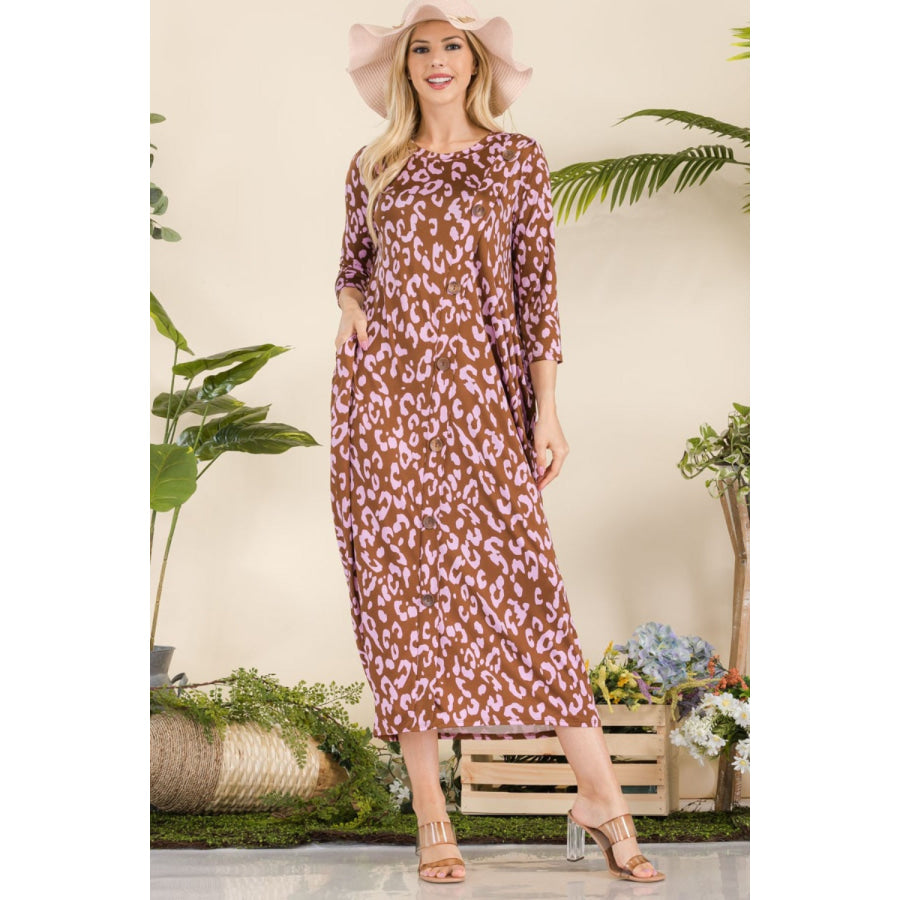 Celeste Full Size Leopard Contrast Dress with Pockets Apparel and Accessories