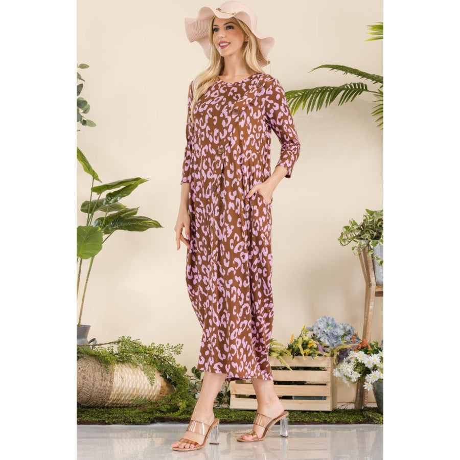 Celeste Full Size Leopard Contrast Dress with Pockets Apparel and Accessories