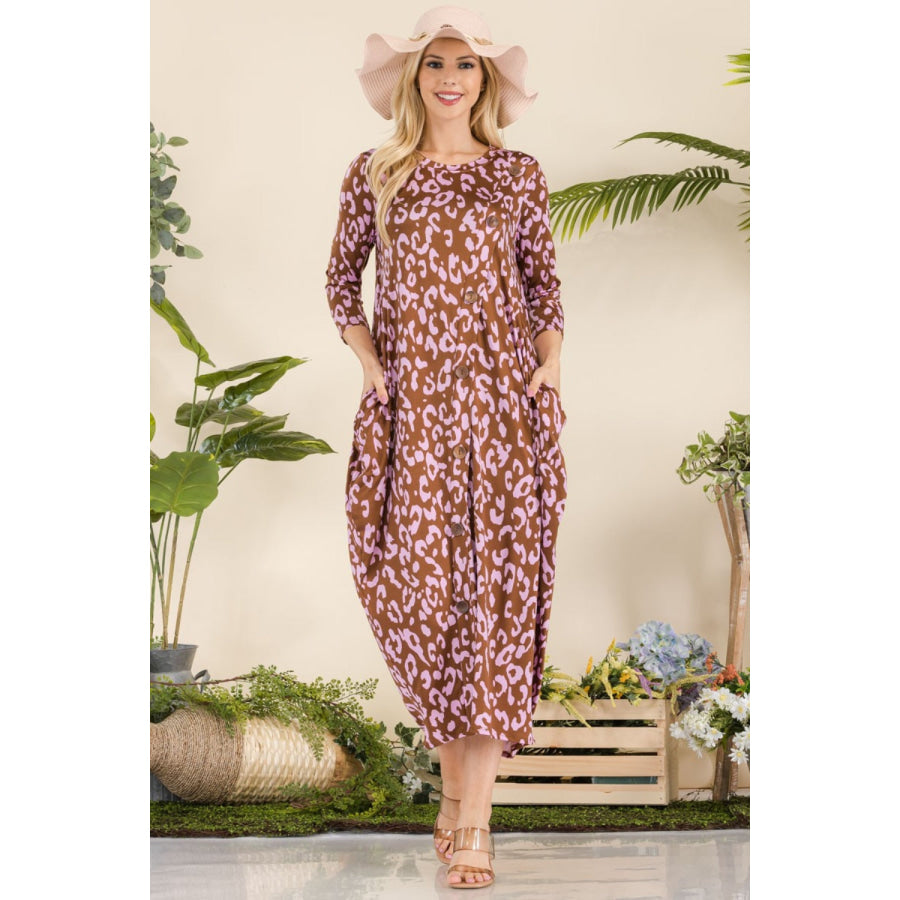 Celeste Full Size Leopard Contrast Dress with Pockets Brown Lilac Leopard / S Apparel and Accessories