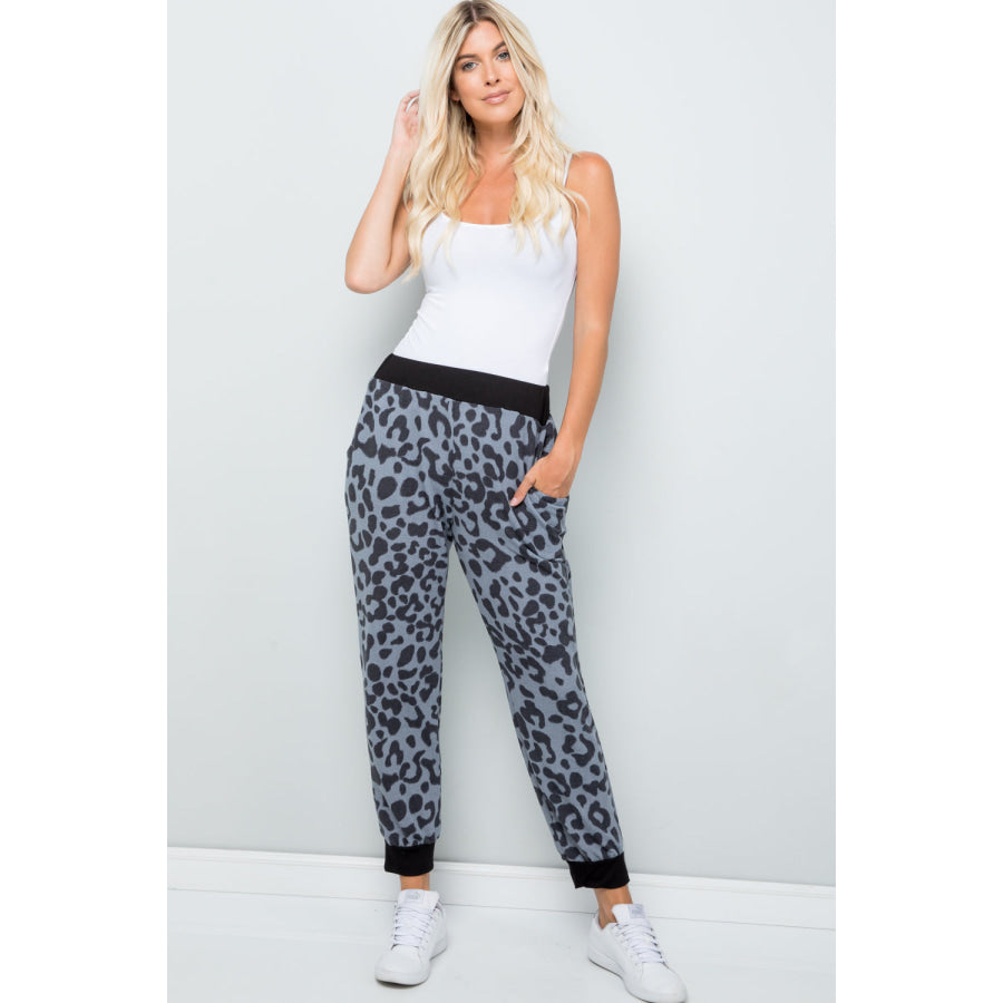 Celeste Full Size Leopard Contrast Sweatpants Apparel and Accessories