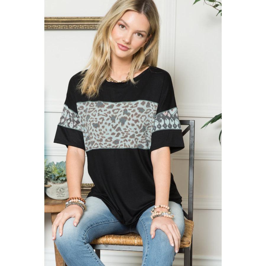 Celeste Full Size Leopard Exposed Seam Short Sleeve T - Shirt Black Teal / S Apparel and Accessories