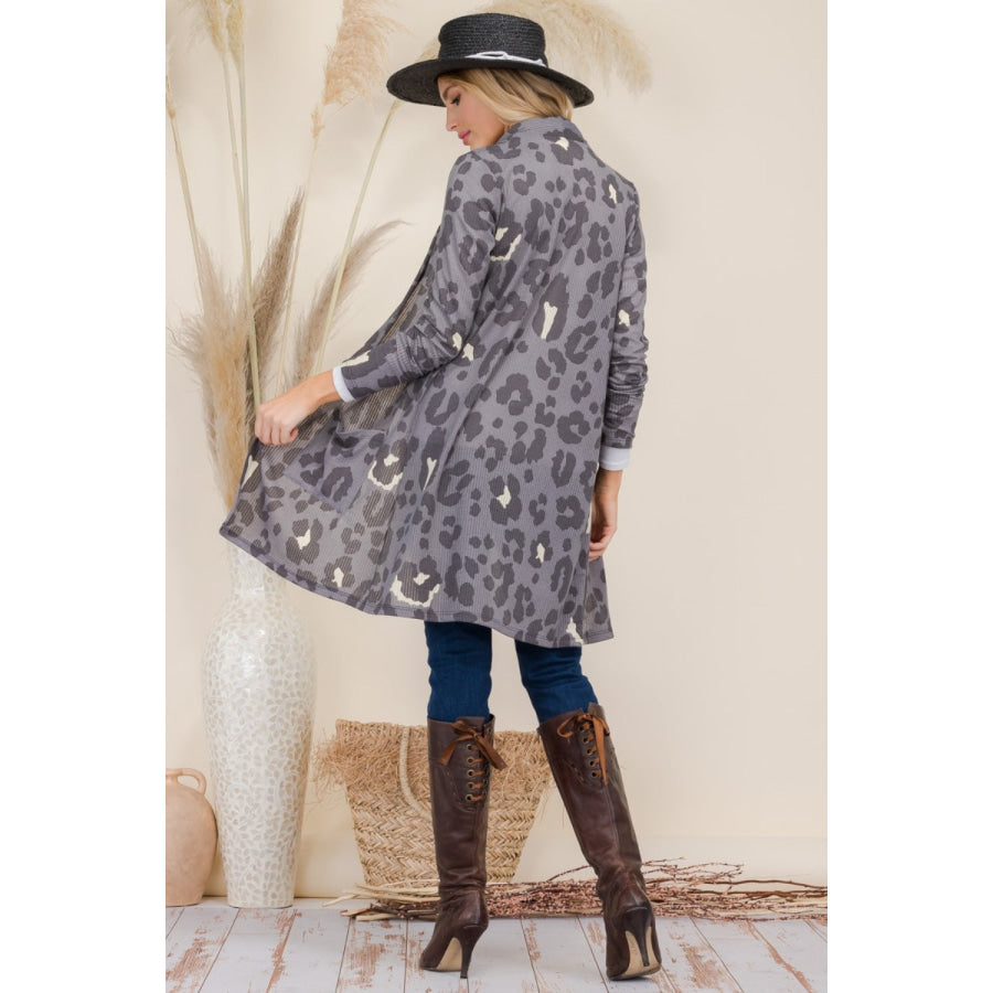 Celeste Full Size Leopard Open Front Contrast Cardigan Apparel and Accessories