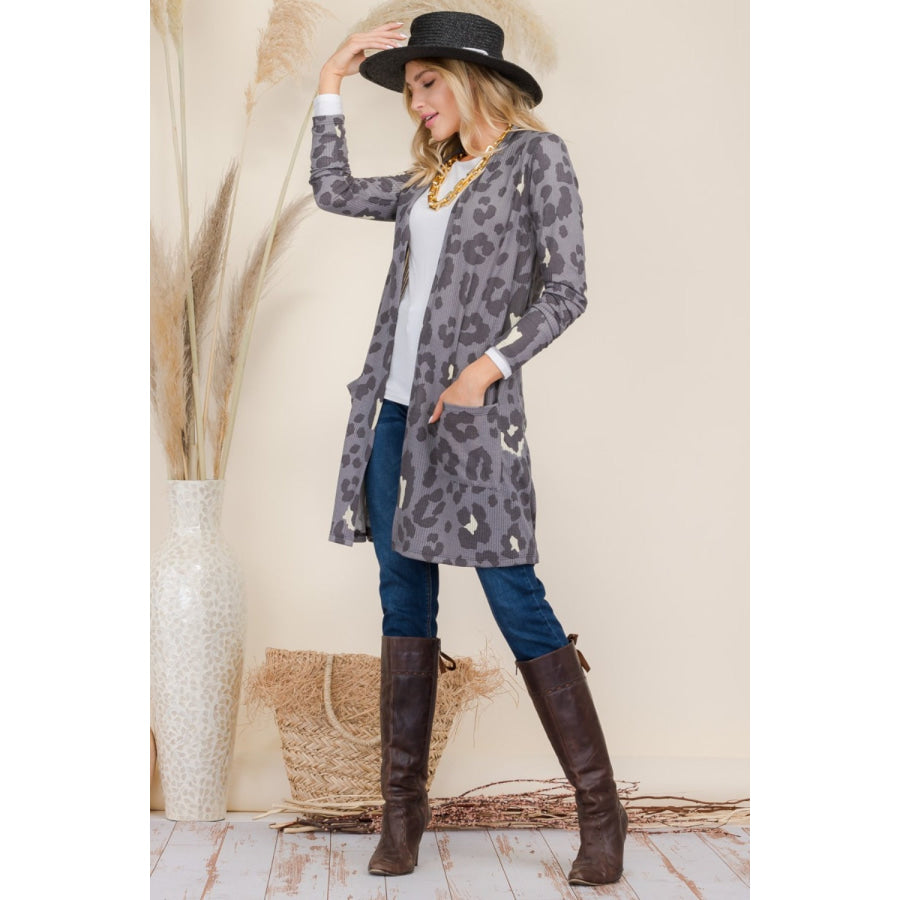 Celeste Full Size Leopard Open Front Contrast Cardigan Apparel and Accessories