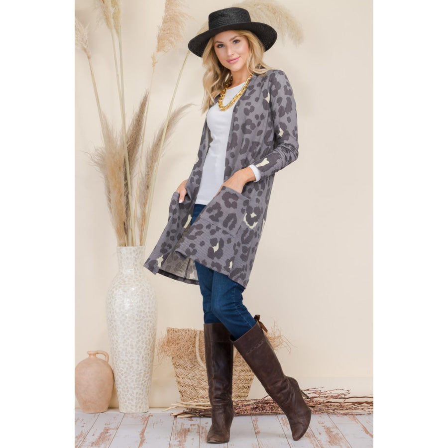 Celeste Full Size Leopard Open Front Contrast Cardigan Apparel and Accessories