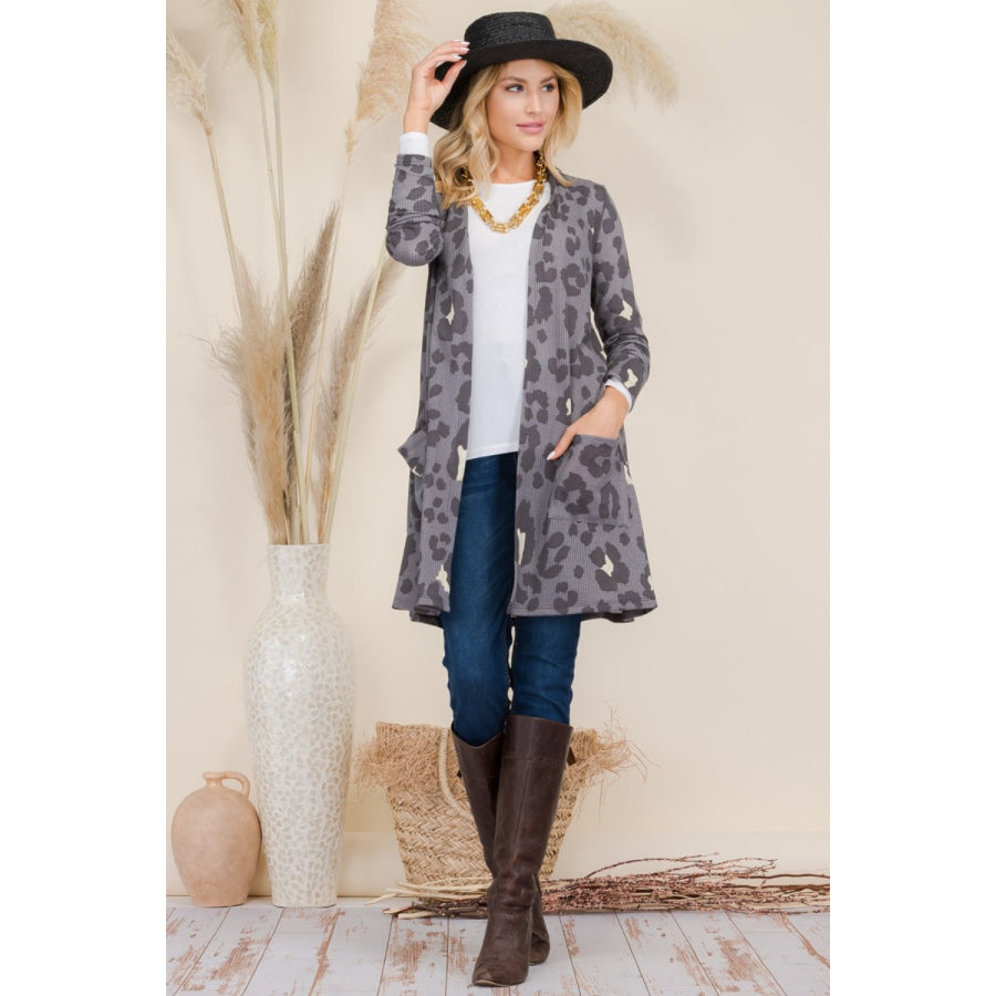 Celeste Full Size Leopard Open Front Contrast Cardigan Grey Leopard / S Apparel and Accessories