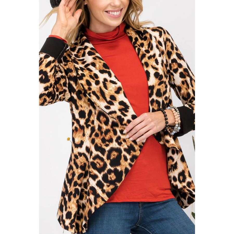 Celeste Full Size Leopard Open Front Long Sleeve Blazer Apparel and Accessories