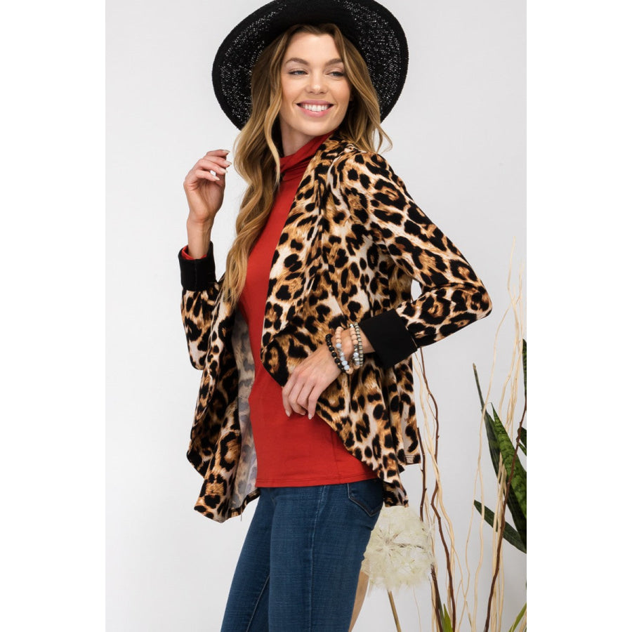 Celeste Full Size Leopard Open Front Long Sleeve Blazer Apparel and Accessories