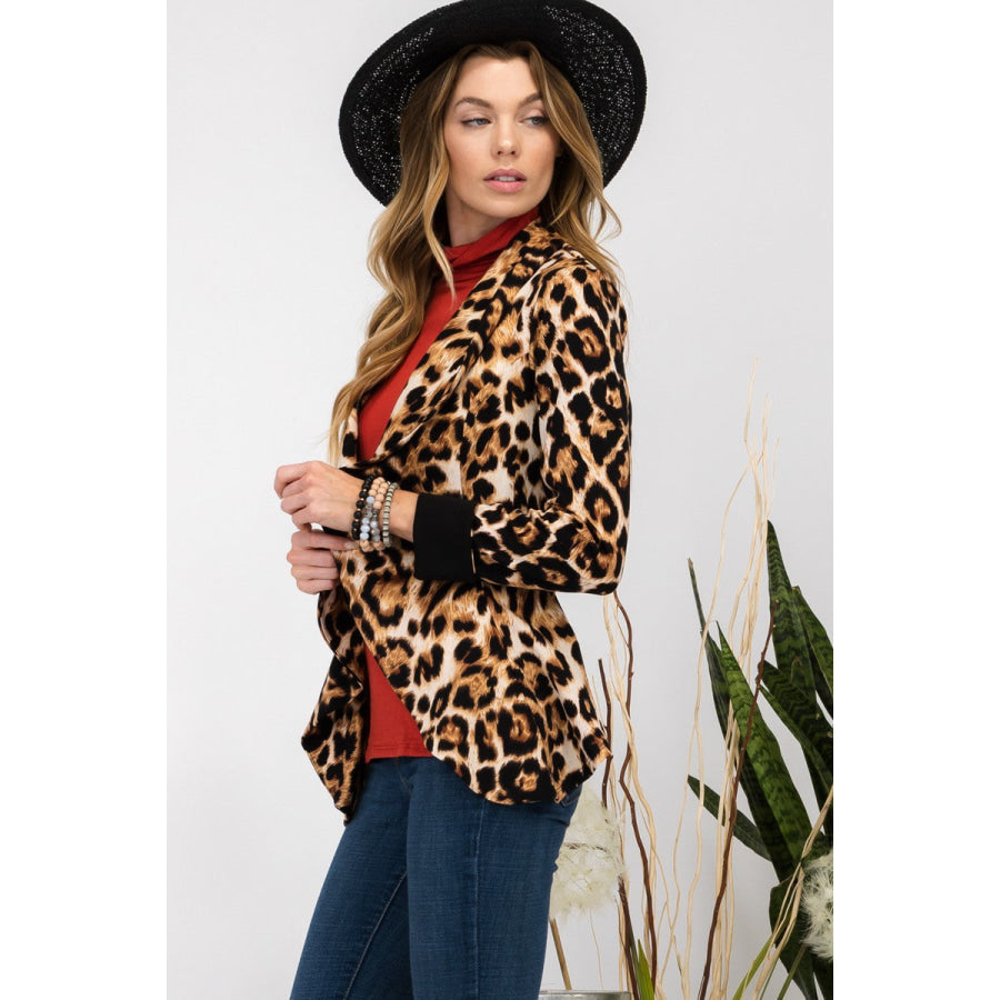 Celeste Full Size Leopard Open Front Long Sleeve Blazer Apparel and Accessories