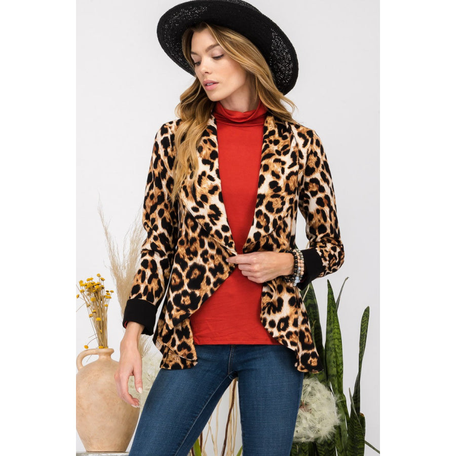 Celeste Full Size Leopard Open Front Long Sleeve Blazer Apparel and Accessories