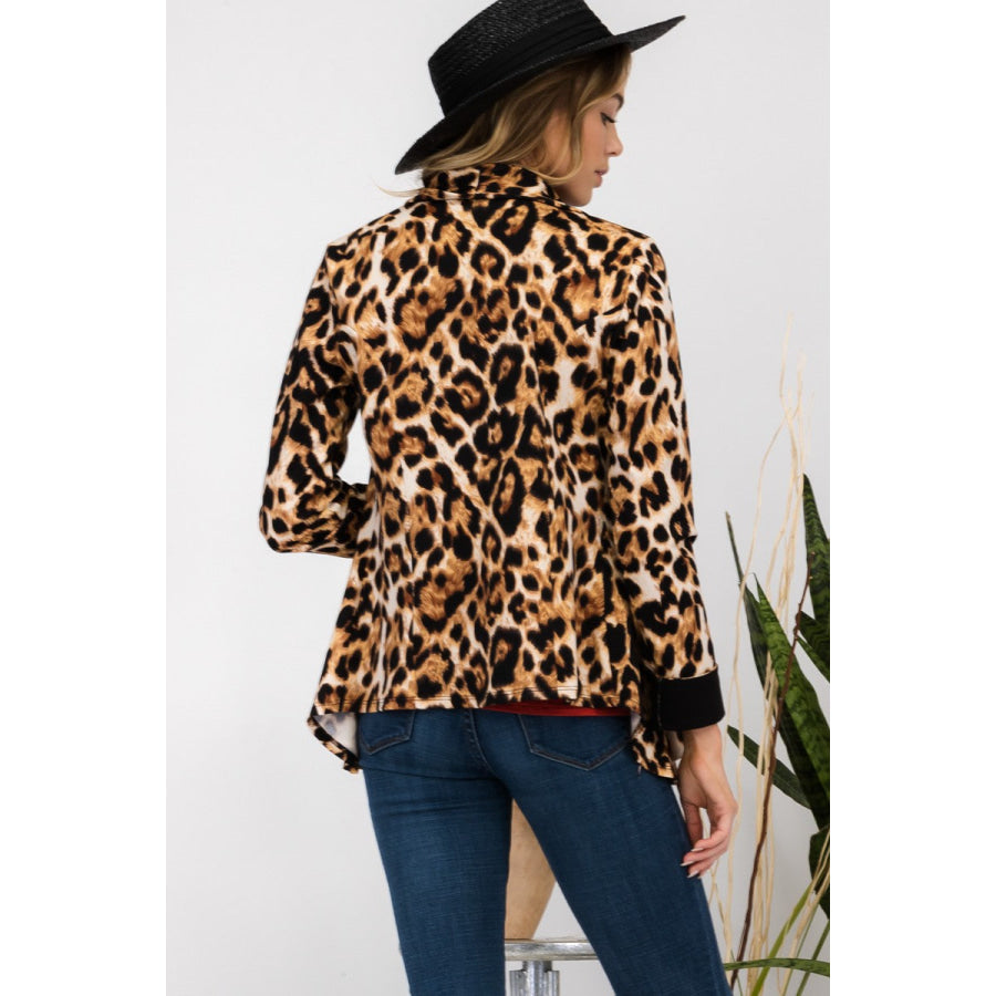 Celeste Full Size Leopard Open Front Long Sleeve Blazer Apparel and Accessories