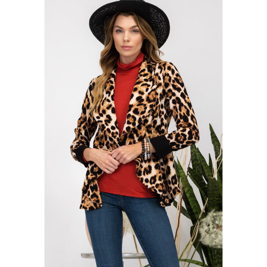 Celeste Full Size Leopard Open Front Long Sleeve Blazer Leopard / S Apparel and Accessories