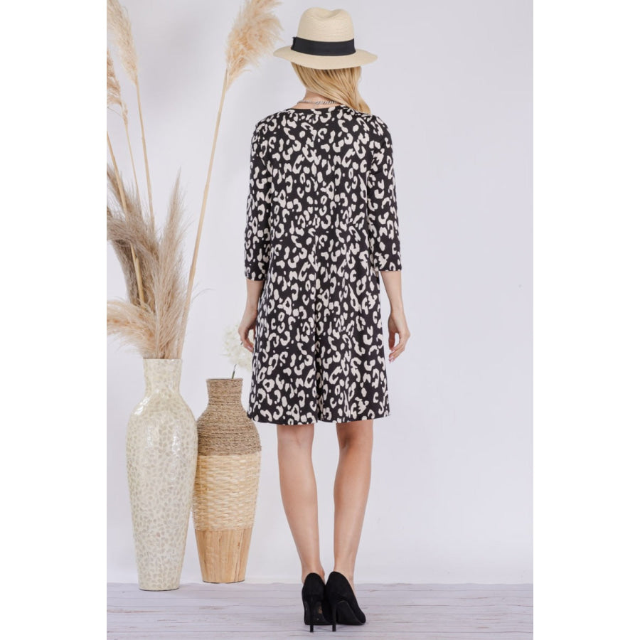 Celeste Full Size Leopard Three-Quarter Sleeve Dress with Pockets Apparel and Accessories