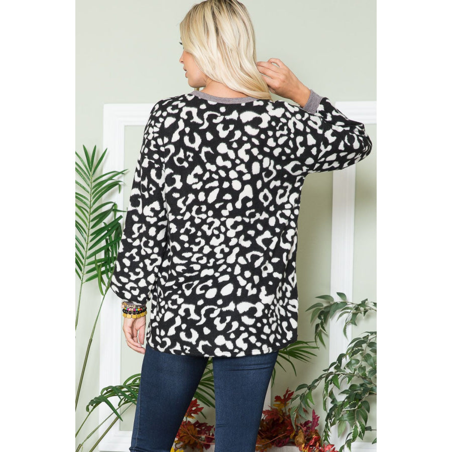 Celeste Full Size Leopard V-Neck Long Sleeve Blouse Apparel and Accessories