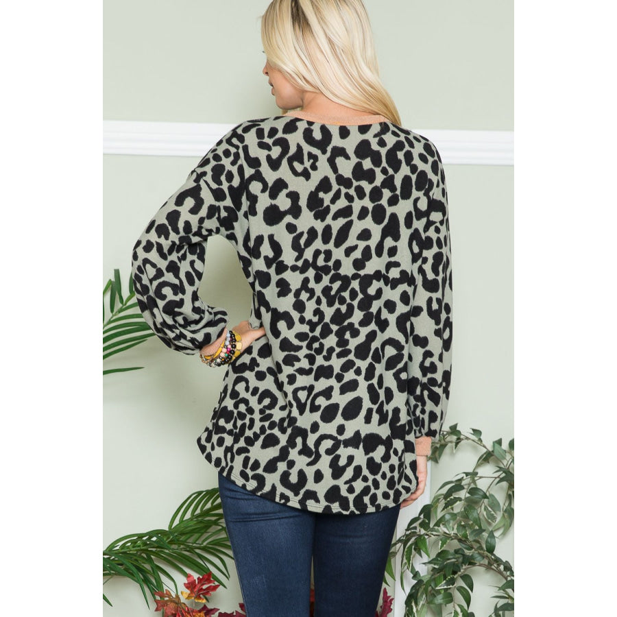 Celeste Full Size Leopard V-Neck Long Sleeve Blouse Apparel and Accessories