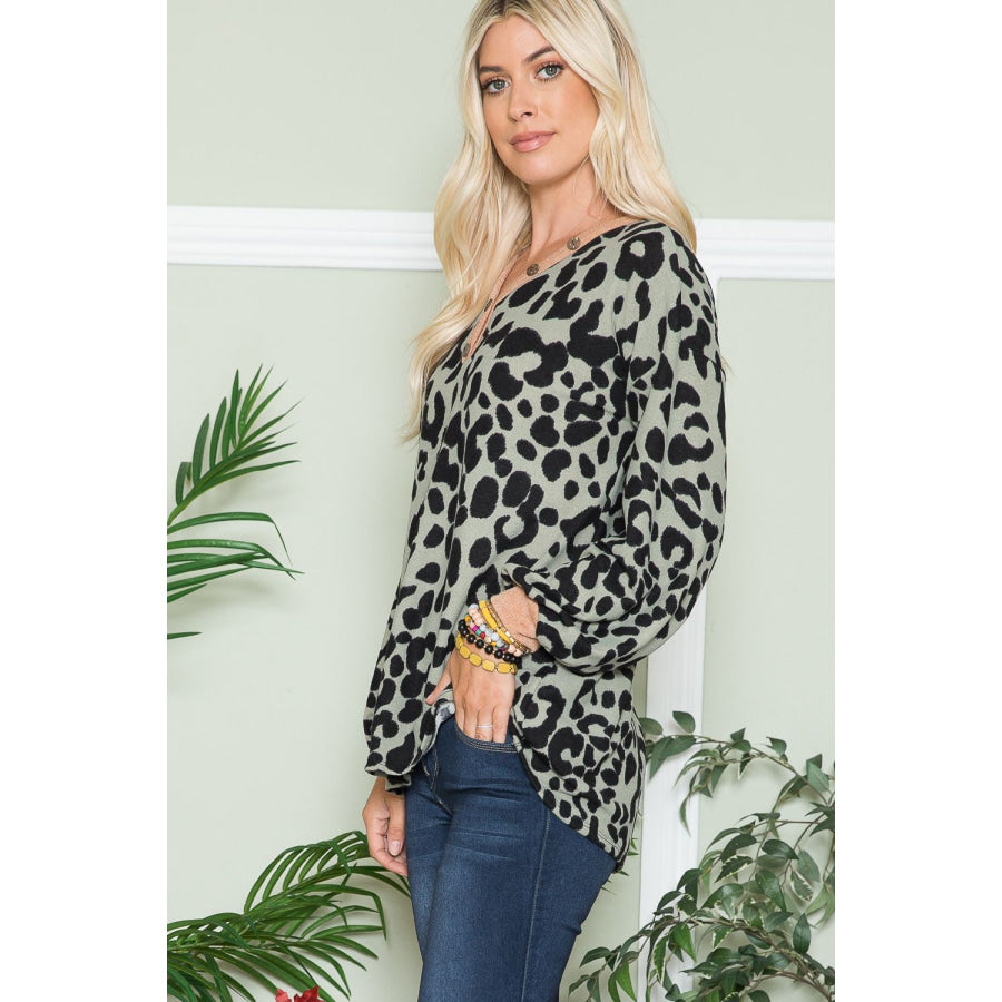 Celeste Full Size Leopard V-Neck Long Sleeve Blouse Apparel and Accessories