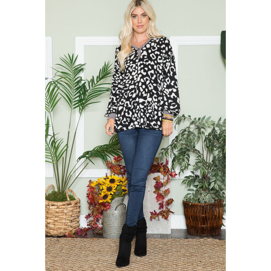 Celeste Full Size Leopard V-Neck Long Sleeve Blouse Apparel and Accessories