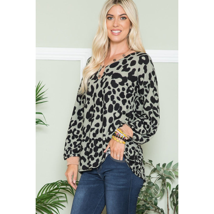 Celeste Full Size Leopard V-Neck Long Sleeve Blouse Apparel and Accessories