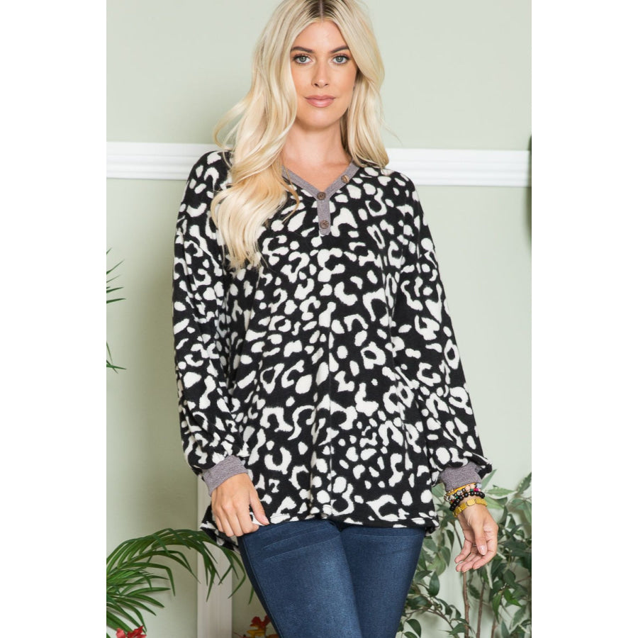 Celeste Full Size Leopard V-Neck Long Sleeve Blouse Apparel and Accessories