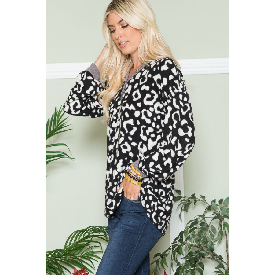 Celeste Full Size Leopard V-Neck Long Sleeve Blouse Apparel and Accessories