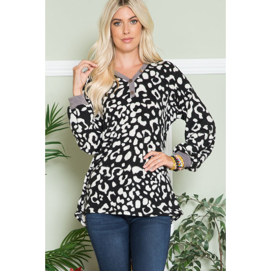 Celeste Full Size Leopard V-Neck Long Sleeve Blouse Black Leopard / S Apparel and Accessories