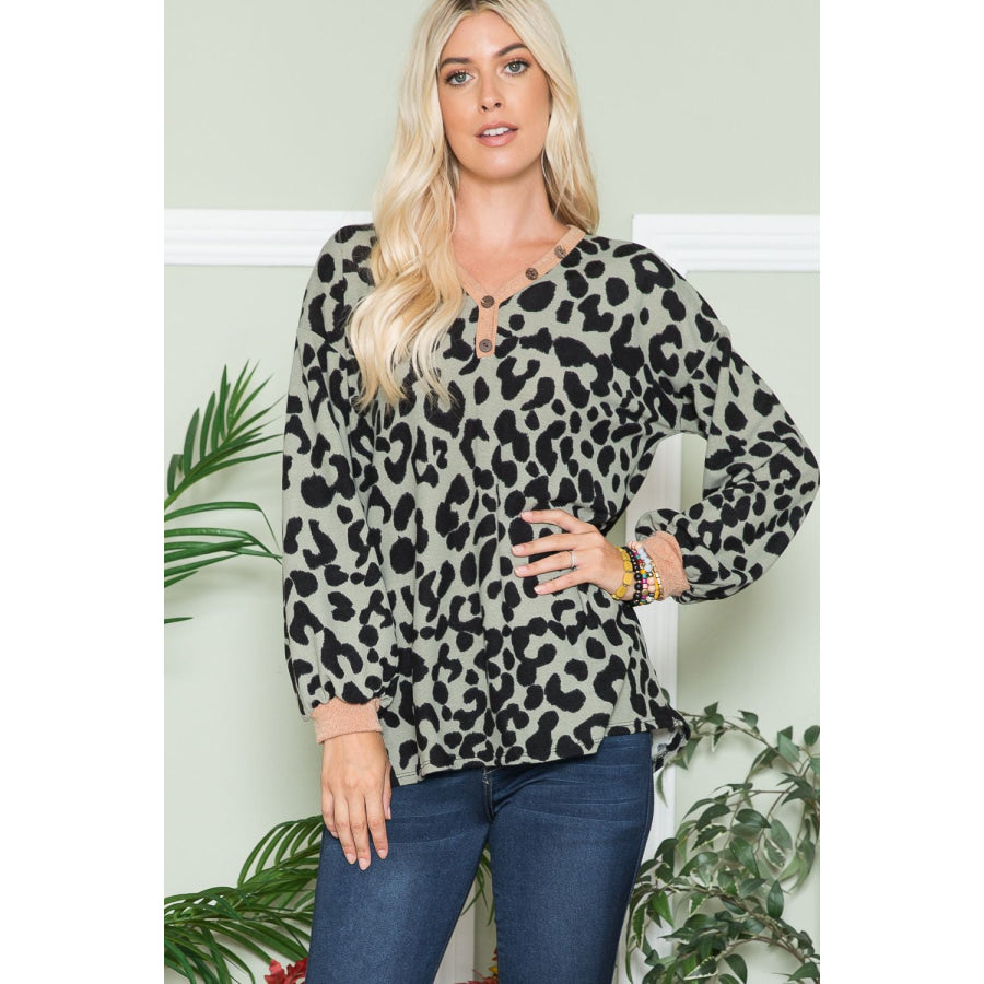 Celeste Full Size Leopard V-Neck Long Sleeve Blouse Olive Leopard / S Apparel and Accessories