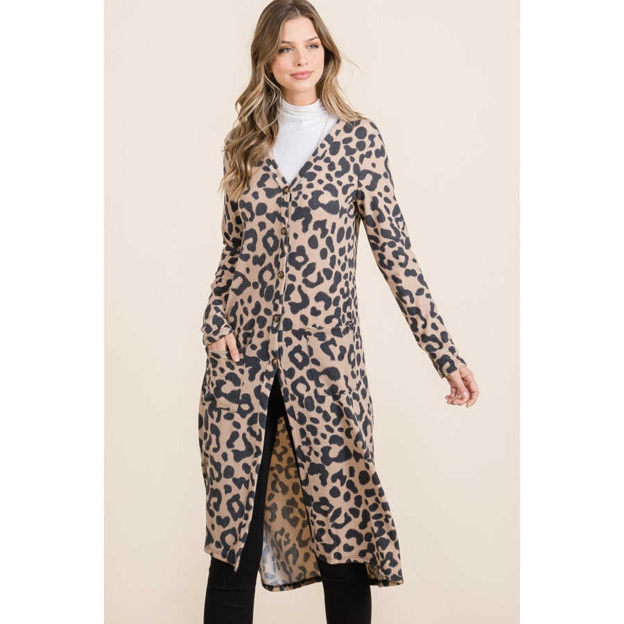 Celeste Full Size Leopard V-Neck Long Sleeve Cardigan Apparel and Accessories