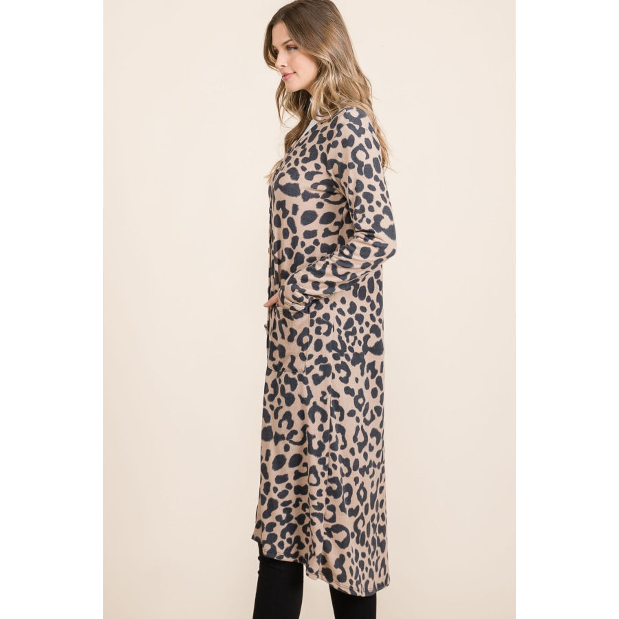 Celeste Full Size Leopard V-Neck Long Sleeve Cardigan Apparel and Accessories