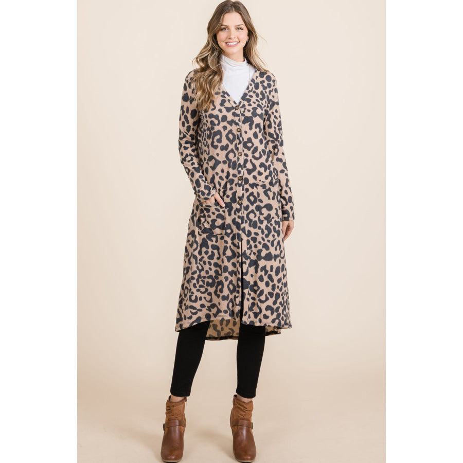 Celeste Full Size Leopard V-Neck Long Sleeve Cardigan Apparel and Accessories