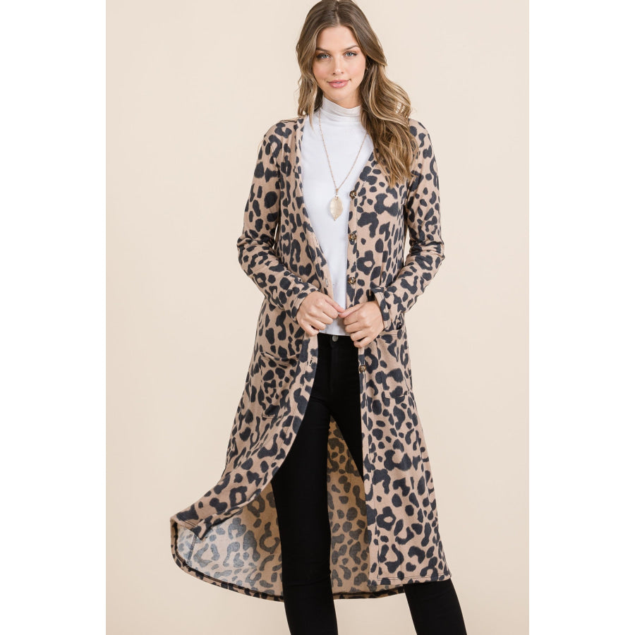 Celeste Full Size Leopard V-Neck Long Sleeve Cardigan Mocha Leopard / S Apparel and Accessories