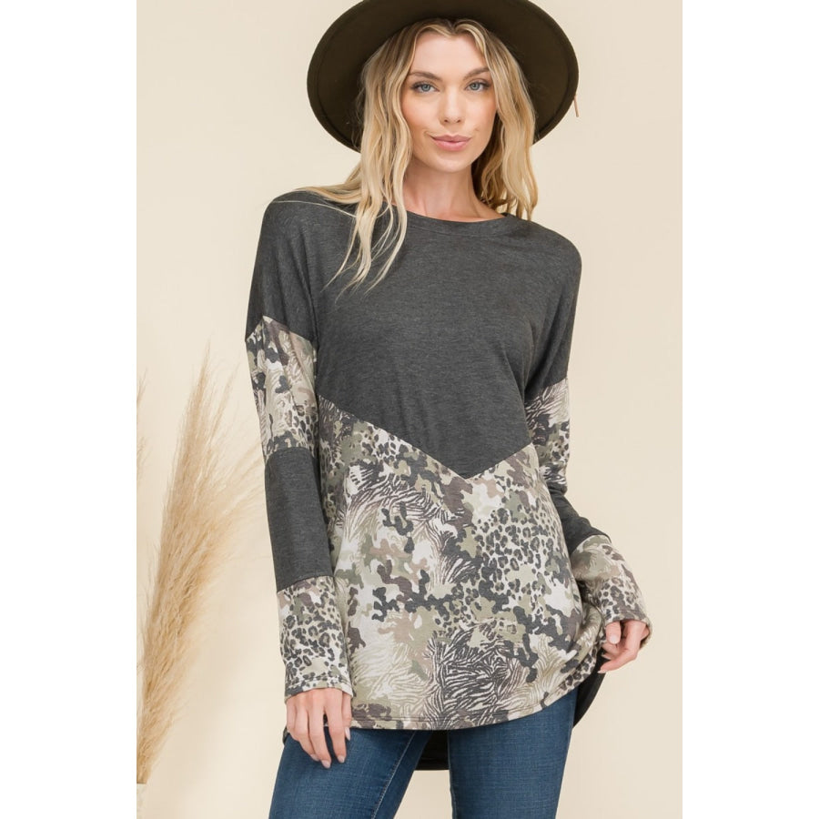 Celeste Full Size Mixed Animal Print Contrast Long Sleeve T-Shirt Apparel and Accessories