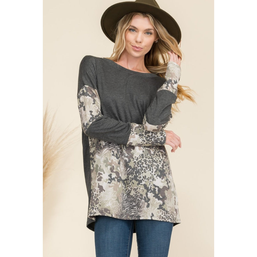 Celeste Full Size Mixed Animal Print Contrast Long Sleeve T-Shirt Apparel and Accessories