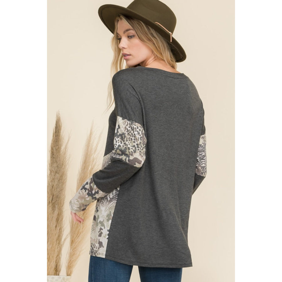 Celeste Full Size Mixed Animal Print Contrast Long Sleeve T-Shirt Apparel and Accessories